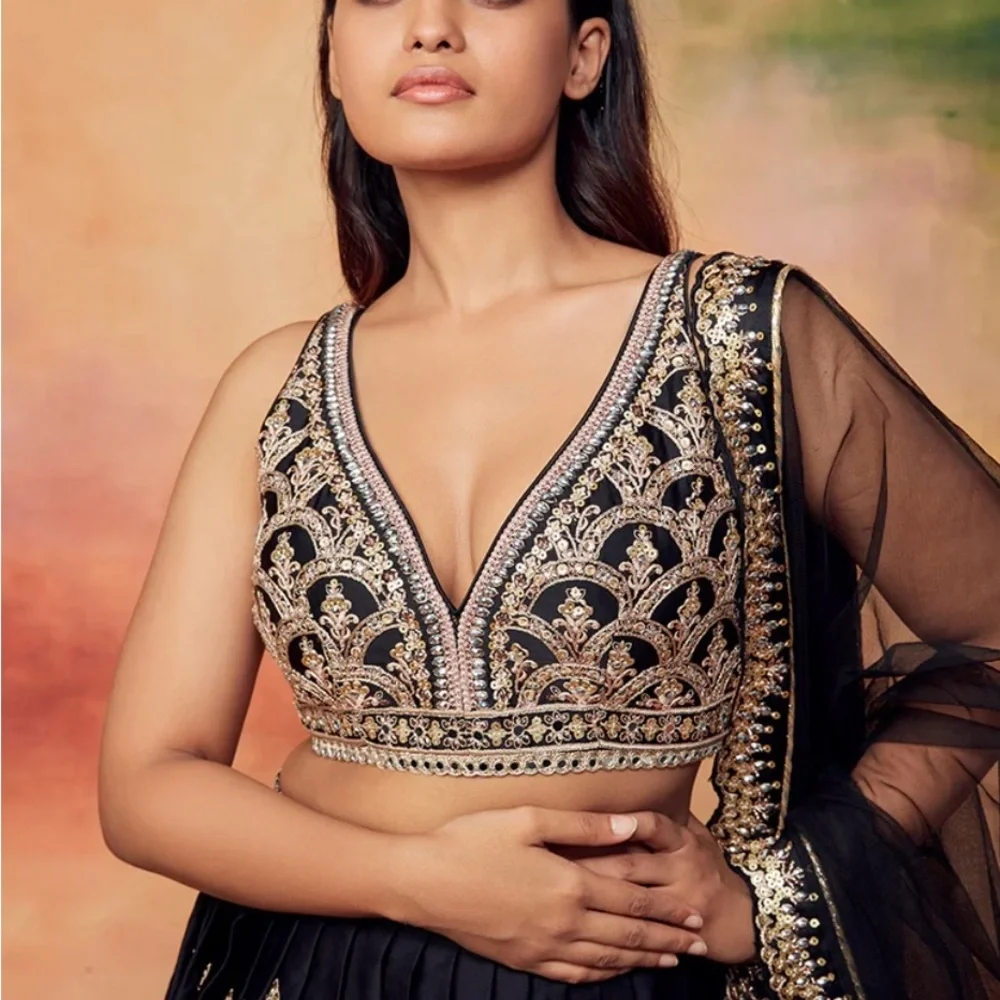 Black and Gold Embroidered Lehenga Set - Picture 2 of 12